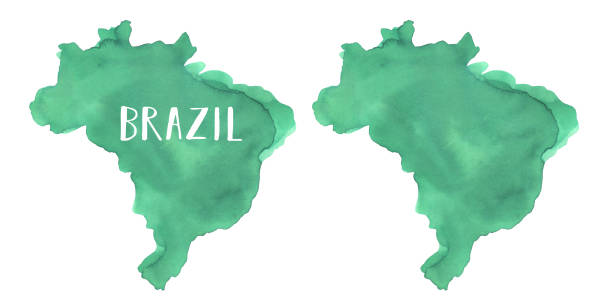 ilustrações, clipart, desenhos animados e ícones de desenho aquarela do mapa do brasil na cor verde esmeralda. - carnaval sao paulo
