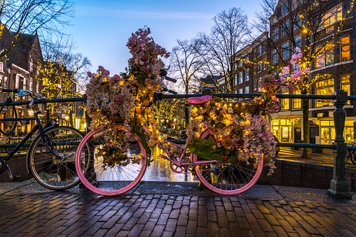 Pink flower bike on a bridge in Amsterdam, Netherlands.LBGTQ