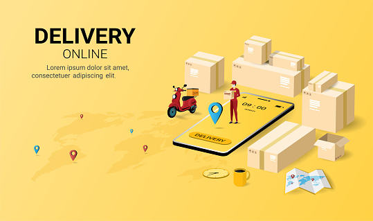 Online delivery on mobile application. order tracking. Logistics and Delivery. Global transportation services. Concept of web page design for website or banner. 3D Perspective Vector illustration