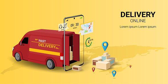 Online delivery service on mobile, Global logistic, online order tracking, Internet e-commerce, City logistics. Truck, warehouse, courier and parcel box. 3D Perspective Vector illustration