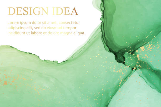 istock Watercolor background with abstract green ink waves and golden splashes. 1400215132