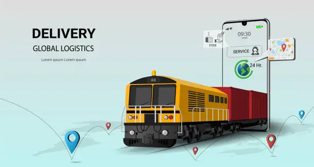 Vector illustration of Online delivery logistics service on mobile. rail transportation. Global logistics. online order. Train, warehouse, cargo, courier. Cargo train concept. 3D Perspective Vector illustration