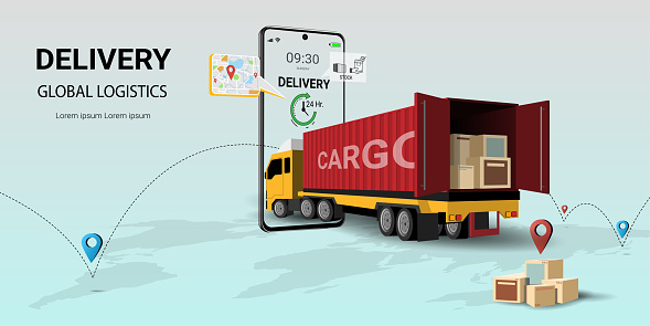 Online delivery service on mobile, Global logistic, Online order. City logistics. Truck, warehouse and parcel box. Concept  for website or banner. 3D Perspective Vector illustration