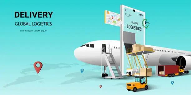 Vector illustration of Global logistic  delivery online service on mobile, transportation. Air freight logistics. Online order. airplane, warehouse and parcel box. 3D Perspective Vector illustration