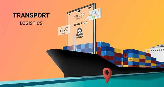 Online transportation by cargo ship on mobile service, online order tracking, global logistic, sea logistics. Ship, warehouse, cargo, container, courier. Concept for website or banner. 3D Perspective Vector illustration