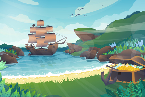 Scene Galleon in island with treasure chest vector