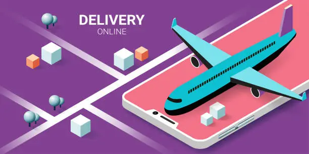 Vector illustration of Online delivery service on mobile, Global logistic, transportation. Online order. Air freight logistics. airplane, warehouse and parcel box. Concept for website or banner. Isometric Vector illustration