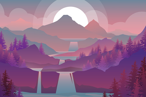 Abstract landscape with mountains and trees  with twilight, sunset  in forest  and beautiful waterfall, vector illustrations.