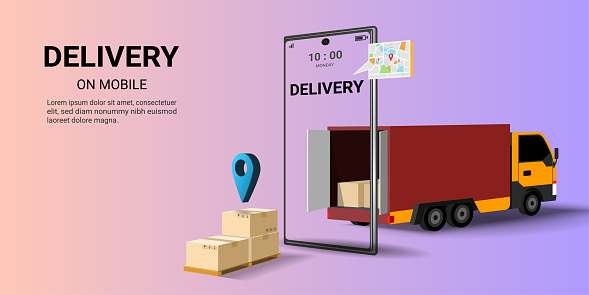Online logistic delivery on mobile by truck shipping, Global transportation. Delivery home and office. 