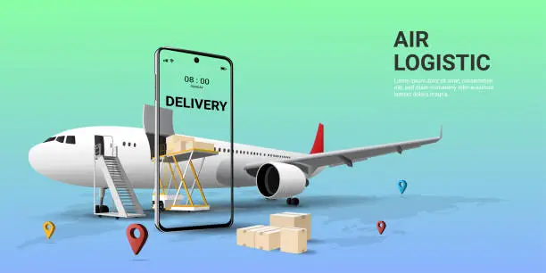 Vector illustration of Online global transportation  delivery service on mobile by airplane. Air freight logistics. Online order. airplane, aircraft, warehouse, cargo and parcel box. website, banner. 3D Vector illustration