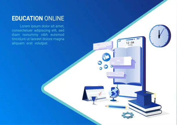 Vector illustration of Online education on website and mobile website with book smartphone electronic library. Online training courses. conceptual vector illustration for web, graphic design, Landing page template