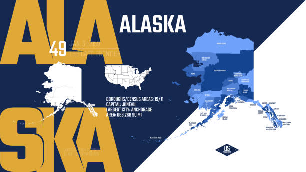 미국 50개 주 중 49개 주, 영토 별명을 가진 카운티로 나뉘어짐, 연합에 가입한 이름과 날짜가 포함된 상세한 벡터 알래스카 지도, 여행 포스터 및 엽서 - relief map bering sea alaska anchorage stock illustrations