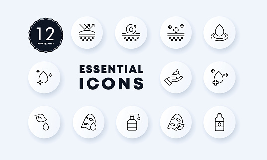 Skin hydration set icon. Moisturizing, mask, cream, pore cleaning, acne protection, sanitation, etc. Personal care concept. Neomorphism style. Vector line icon for Business and Advertising.