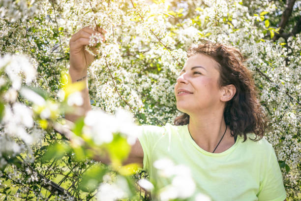 mulher morena com cerejeira florescendo - portrait adults apple tree cherry tree - fotografias e filmes do acervo