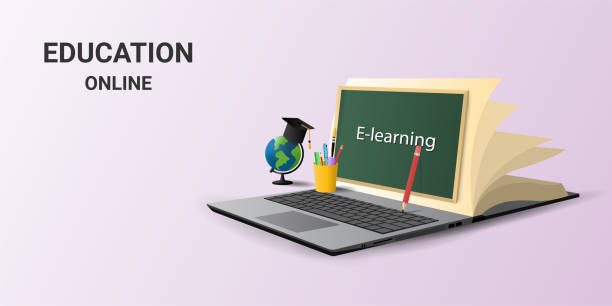 istock Online education on laptop with board and book electronic. Online training courses. Digital Classroom. e-learning research. Back to school concept. 3d vector illustration 1400221890