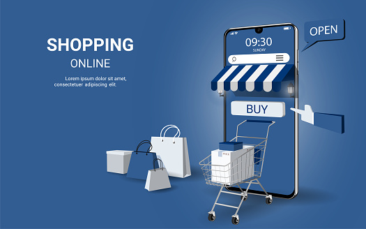 Shopping online on mobile Application. Modern marketing and Digital marketing. e-commerce. online store promotion concept. Use for website, banner and mobile website. 3D vector illustration