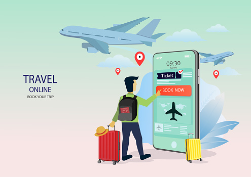 A man with luggage is booking online service app on the smartphone . Travel online ticket. Mobile Application. Trip planning. Concept for website or mobile app. vector illustration