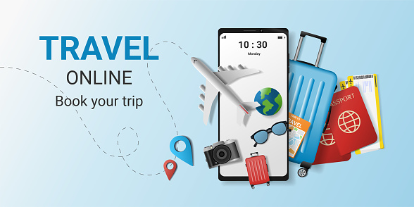 Travel online booking service app on the smartphone with Travel equipment and luggage
