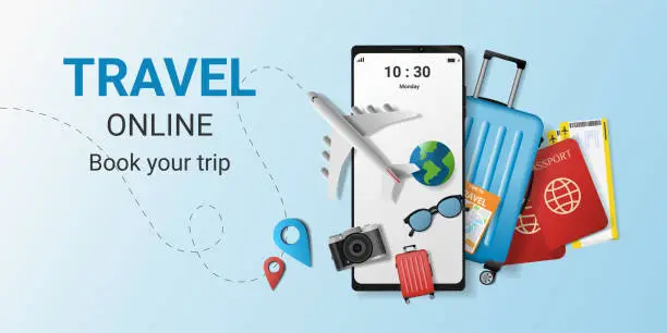 Vector illustration of Travel online booking service app on the smartphone with Travel equipment and luggage