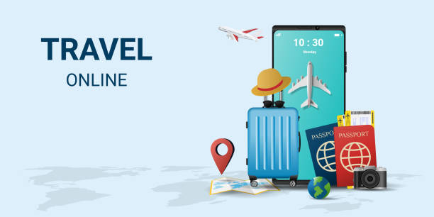 stockillustraties, clipart, cartoons en iconen met online travel on smartphone . book a ticket. trip planning. travel to world. travel equipment and luggage. top view on travel and tourism concept template. vector illustration - reis