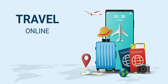 Online travel on smartphone . Book a ticket. Trip planning. Travel to World. travel equipment and luggage. Top view on travel and tourism concept template. vector illustration