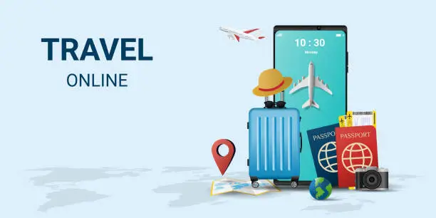 Vector illustration of Online travel on smartphone . Book a ticket. Trip planning. Travel to World. travel equipment and luggage. Top view on travel and tourism concept template. vector illustration
