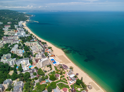 Aerial top down view of the beach and hotels in Golden Sands, Zlatni Piasaci. Varna, Bulgaria