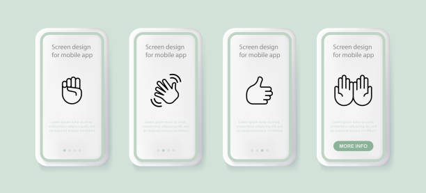 Hand gestures set icon. Fist, wave hand, hold on, like, clap. Non verbal communication concept. UI phone app screens. Vector line icon for Business and Advertising Hand gestures set icon. Fist, wave hand, hold on, like, clap. Non verbal communication concept. UI phone app screens. Vector line icon for Business and Advertising. non gender figure stock illustrations