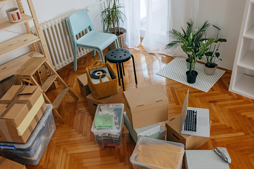 No people photo of boxes on the floor ready for moving