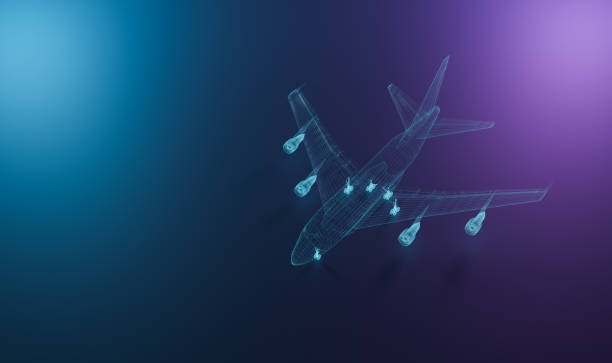 Holographic 3D airplane model with copy space. Aerospace industry and engineering background. 3D rendering.