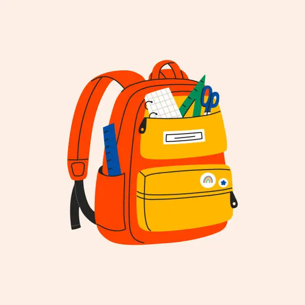 Vector illustration of Backpack full stationery and study supplies. Colorful schoolbag with copybooks