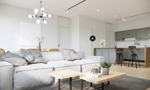 istock Mock up studio modern apartment room interior design and decoration with sofa wooden coffee table grey carpet wood island and kitchen counter with dining table and chairs. 3d rendering showroom. 1400230244
