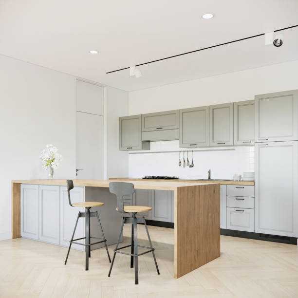 istock 3d rendering mock up kitchen room interior design and decoration with light green counter and cabinets, wooden island counter and stool lounge chairs. 3d rendering modern kitchen interior. 1400230249