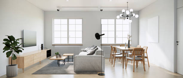 istock Mock up studio apartment room interior design and decoration in minimal and modern Japandi style with wooden floor and blank canvas frame on wall. 3d rendering living and dining room interior. 1400230251