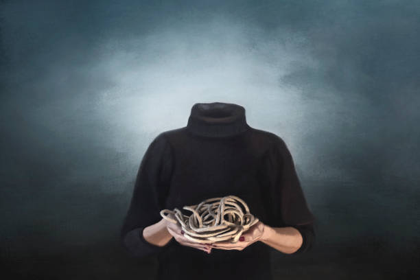 concept of mental freedom, surreal person holds ropes in his hand vector art illustration