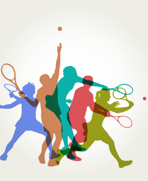 tennisspieler - männlich und weiblich - tennis serving women playing stock-grafiken, -clipart, -cartoons und -symbole