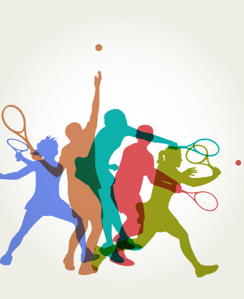 ilustrações de stock, clip art, desenhos animados e ícones de tennis players - male and female - tennis serving silhouette racket