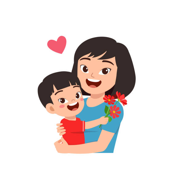 маленький ребенок подарит цветок маме - kinder surprise stock illustrations