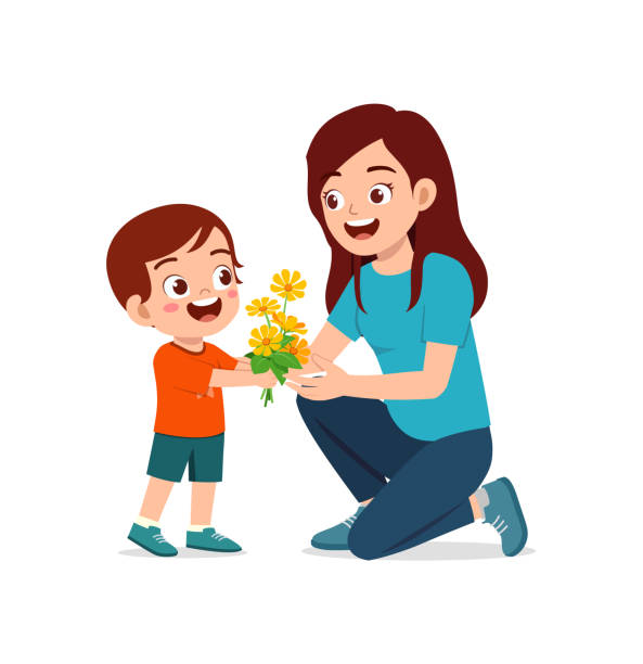 маленький ребенок подарит цветок маме - kinder surprise stock illustrations