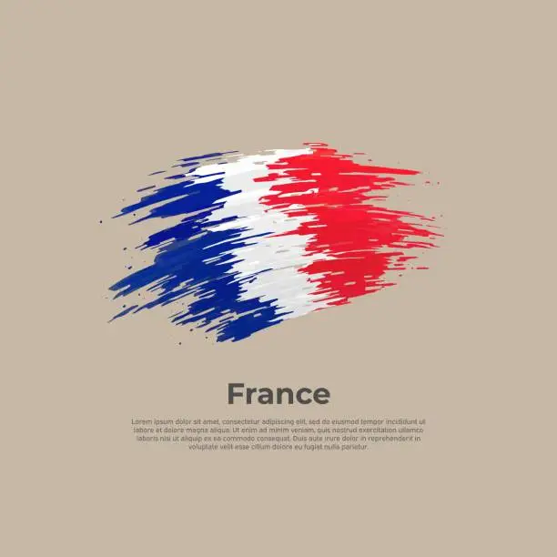 Vector illustration of France flag. Brush strokes. Brush painted french flag on a light background. Vector design, template national poster with place for text. State patriotic banner of france, cover. Copy space