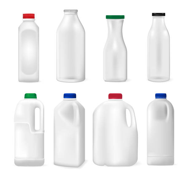 ilustrações de stock, clip art, desenhos animados e ícones de set of bottles for milk, juice or something else, on white background. realistic vector illustration - milk milk bottle bottle glass