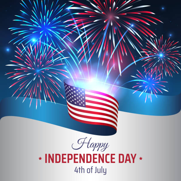 4th of july happy independence day usa, template. American flag on night sky background, colorful fireworks. Fourth of july, US national holiday, independence day. Vector illustration, poster, banner 4th of july happy independence day usa, template. American flag on night sky background, colorful fireworks. Fourth of july, US national holiday, independence day. Vector illustration, poster, banner fourth of july stock illustrations
