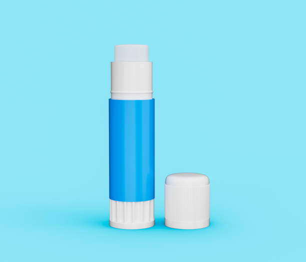 Open paper glue stick with Cap on blue background 3d illustration
