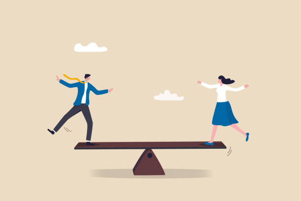 Gender equality, treat female and male equally, diversity or balance, fairness and justice concept, businessman and businesswoman balancing on equal seesaw. Gender equality, treat female and male equally, diversity or balance, fairness and justice concept, businessman and businesswoman balancing on equal seesaw. contrasts illustrations stock illustrations