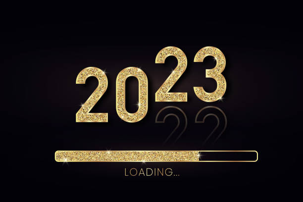 ilustrações de stock, clip art, desenhos animados e ícones de 2023 new year gold progress bar. golden loading bar with glitter particles on black background for christmas greeting card. design template for holiday party invitation. concept of festive banner - new year