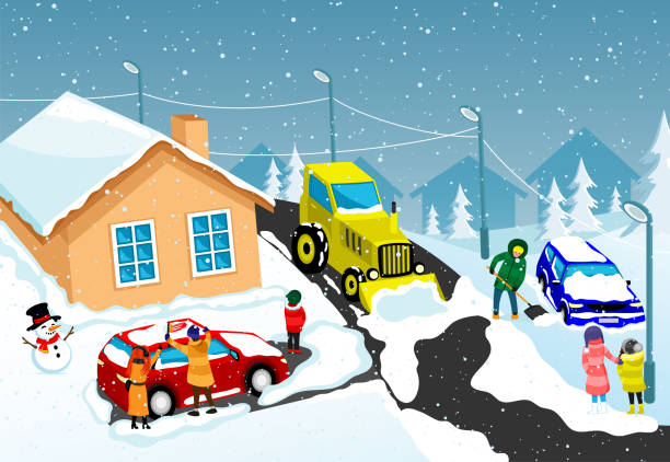 bildbanksillustrationer, clip art samt tecknat material och ikoner med drivers clean snow-covered cars from snow. - vinter väg bil