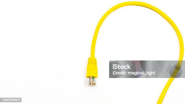 Network Ethernet Cable With Rj45 Connectors Stock Photo - Download Image Now - Network Connection Plug, Yellow, Cable