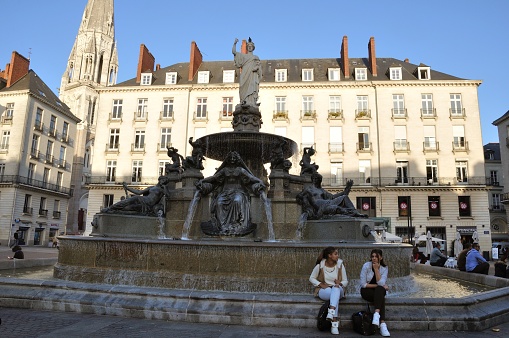 Nantes, France, 30 october 2014: People in front of the Fountain on the Place Royale in Nantes