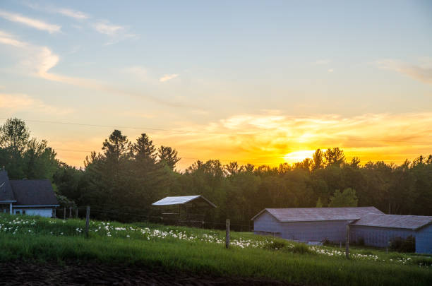 Sunset over farm land and barn