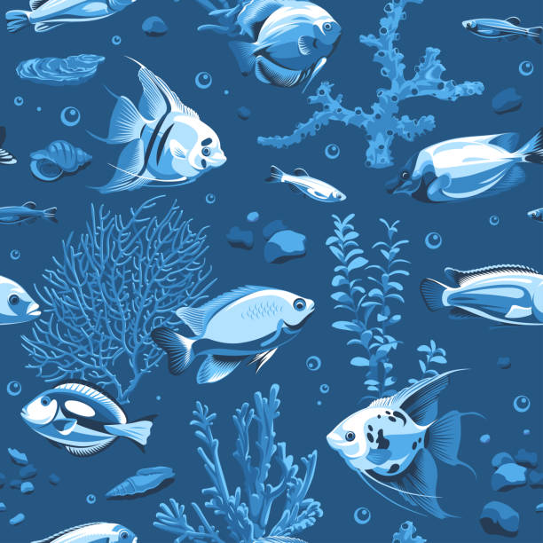 Seamless pattern with fish and seascape isolated on a blue background. Illustration of underwater life. Image for your design projects tinfoil barb barbonymus schwanenfeldii stock illustrations